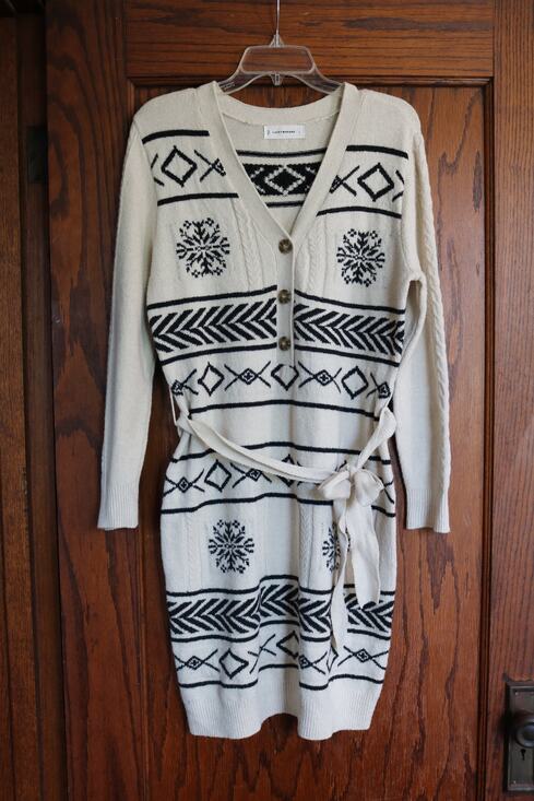 Lucky Brand Dresses & Skirts - LUCKY BRAND Sweater Dress Large Cream Black White Geometric Diamond Cable Knit